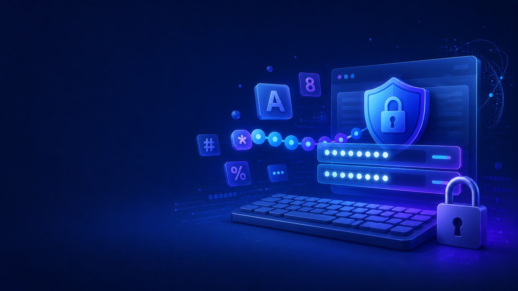 Strong password creation with letters, numbers, symbols, and secure lock